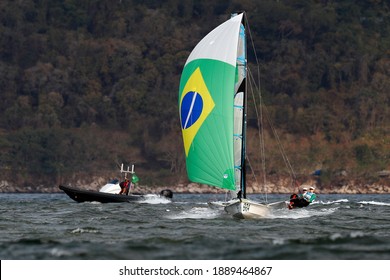 Rio De Janeiro Brazil 08.18.2016: Sailing At Rio 2016 Olympic Games. Brazilian Sailors Martine Grael And Kahena Kunze Win Gold Medal 49er FX Class. Women Skiff Sail Boat Medalists At Guanabara Bay.