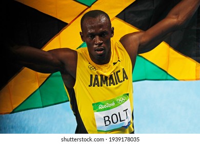 Rio de Janeiro, Brazil 08.18.2016: Usain Bolt of Jamaica celebrates winning gold medal 200m sprint race track  field at the Rio 2016 Olympic Games. 