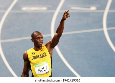 Rio de Janeiro, Brazil 08.18.2016: Usain Bolt of Jamaica wins gold medal 200m sprint race, track and field, at the Rio 2016 Summer Olympic Games.