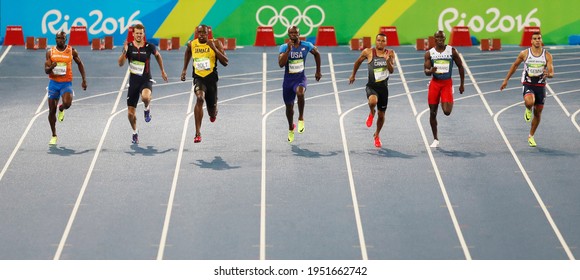 Rio De Janeiro, Brazil 08.18.2016: Usain Bolt Of Jamaica Running Wins Gold Medal 200m Sprint Race, Track And Field, Rio 2016 Summer Olympic Games. Silver To Andre De Grasse, Bronze Christophe Lemaitre