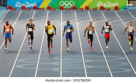 Rio De Janeiro, Brazil 08.18.2016: Usain Bolt Of Jamaica Running Wins Gold Medal 200m Sprint Race, Track And Field, Rio 2016 Summer Olympic Games. Silver To Andre De Grasse, Bronze Christophe Lemaitre