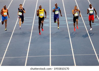Rio de Janeiro, Brazil 08.18.2016: Usain Bolt of Jamaica running wins gold medal 200m sprint race, track and field, Rio 2016 Summer Olympic Games. Silver to Andre De Grasse, bronze Christophe Lemaitre