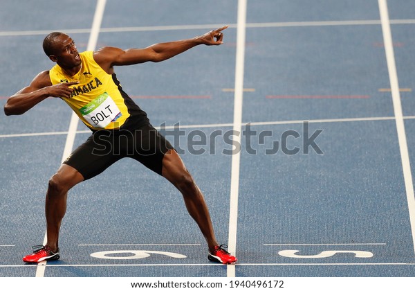 Rio de Janeiro, Brazil 08.18.2016: Usain\
Bolt of Jamaica wins gold medal 200m sprint race, track and field,\
at the Rio 2016 Summer Olympic\
Games.