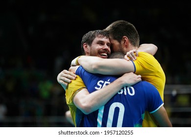 Rio De Janeiro, Brazil 08.21.2016: Brazilian Mens National Volleyball Team Wins Gold Medal Final Match Vs Italy At Rio 2016 Summer Olympic Games, Maracanazinho Stadium. Bruno Rezende, Bruninho Player.