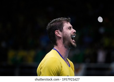 Rio De Janeiro, Brazil 08.21.2016: Brazilian Mens National Volleyball Team Wins Gold Medal Final Match Vs Italy At Rio 2016 Summer Olympic Games, Maracanazinho Stadium. Bruno Rezende, Bruninho Player.