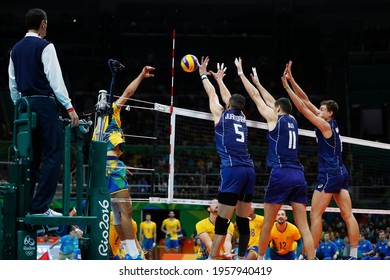 Rio de Janeiro, Brazil 08.21.2016: Italian men's national volleyball team takes silver medal at final match vs Brazil at Rio 2016 Summer Olympic Games, Maracanazinho Stadium. 