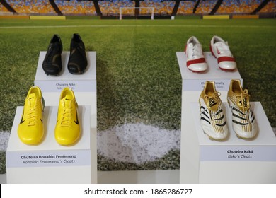 Rio de Janeiro, Brazil 12.10.2018:  Soccer cleats of famous players at Maracana Stadium historial pieces collection display, hall of fame museum style exhibition. 