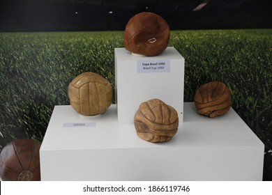 Rio de Janeiro, Brazil 12.10.2018:  Maracana Stadium historial soccer pieces collection display, museum style exhibition. World Cup heritage football old balls, made of leather.