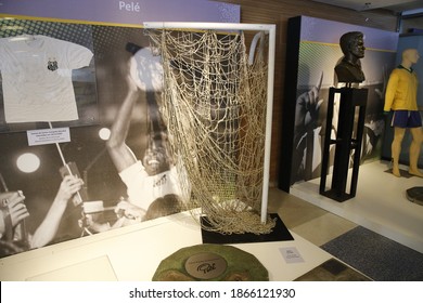 Rio de Janeiro, Brazil 12.10.2018:  Maracana Stadium historial soccer pieces collection display, hall of fame museum exhibition. Pelé, brazilian football player heritage shirt.
