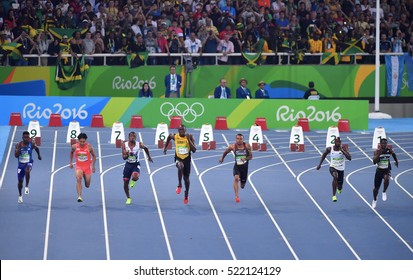 Rio De Janeiro, Brazil 15 August 2016: Jamaica's Usain Bolt, (four from Left), during a semifinal men's 100 meters at the Olympic Summer Games in Rio de Janeiro.