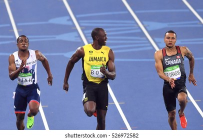 Rio De Janeiro, Brazil 15 August 2016: Jamaica's Usain Bolt smiles as he looks at Canada's Andre De Grasse, (R), during a semifinal men's 100 meters at the Olympic Summer Games in Rio de Janeiro.
