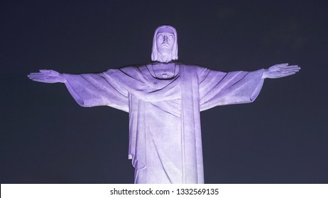 RIO DE JANEIRO, BRAZIL- 26, MAY, 2016: Night Close Up Of Christ The Redeemer Statue In Rio At Night