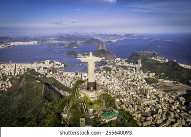 Rio de Janeiro, Brazil : Aerial view of Christ and Botafogo Bay from high angle