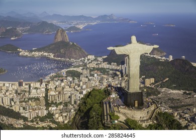Rio De Janeiro, Brazil : Aerial View Of Christ And Botafogo Bay From High Angle