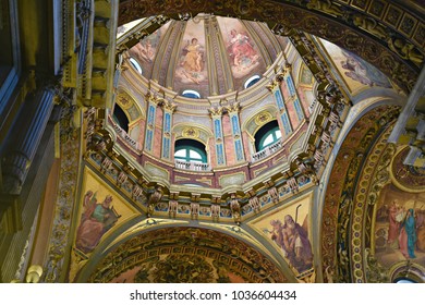 Rio De Janeiro, Brazil. August 24 2016. Panoramic Interior View Of The Candelária Church Dome With The Renaissance Style Paintings.