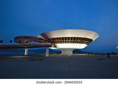 Rio De Janeiro, Brazil. August 13, 2016. Panoramic Exterior View Of The Contemporary Art Museum (MAC) In Niterói At Blue Hour.