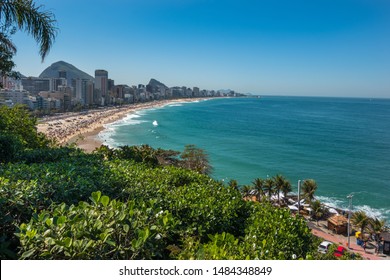 Rio de Janeiro, Rio de Janeiro, Brazil, August 2019 - view of the beautiful and famous Ipanema and Leblon beaches from a viewpoint at Parque Penhasco Dois Irmãos (Two Brothers Cliff Park)