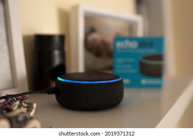 Rio De Janeiro, Brazil - August 4, 2021: Amazon Echo Dot Smart Speaker With Built-in Alexa Voice Assistant, Home Office