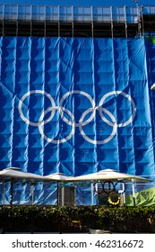 Rio De Janeiro, Brazil. August 1, 2016. Olympic Circles On Beach Volleyball Arena In Copacabana Beach.