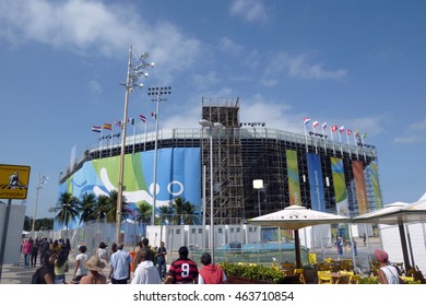 Rio De Janeiro, Brazil - August 04, 2016: View Of The The Olympic Beach Volleyball Arena In Copacabana Beach With Brazilians And Tourists Nearby.