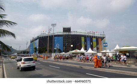 Rio De Janeiro, Brazil - August 07, 2016: View Of Atlantica Avenue With The Olympic Beach Volleyball Arena In Copacabana Beach.