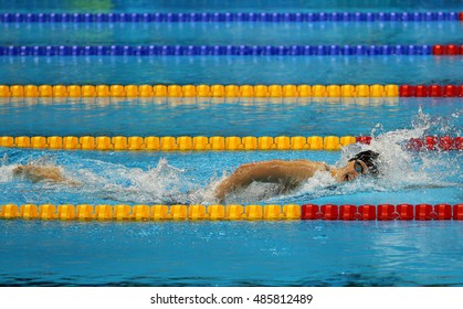 RIO DE JANEIRO, BRAZIL - AUGUST 12, 2016: Olympic Champion Katie Ledecky Of United States Competes At The Women's 800m Freestyle Of The Rio 2016 Olympic Games At The Olympic Aquatics Stadium 