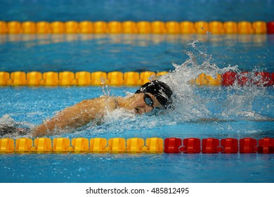 RIO DE JANEIRO, BRAZIL - AUGUST 12, 2016: Olympic Champion Katie Ledecky Of United States Competes At The Women's 800m Freestyle Of The Rio 2016 Olympic Games At The Olympic Aquatics Stadium 