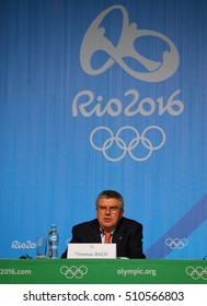 RIO DE JANEIRO, BRAZIL - AUGUST 7, 2016: President Of The International Olympic Committee Thomas Bach During Press Conference At Rio 2016 Olympic Games Press Center