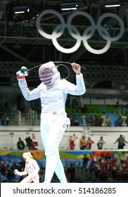 RIO DE JANEIRO, BRAZIL - AUGUST 8, 2016: Ibtihaj Muhammad Of The United States Competes In The Women's Individual Sabre Of The Rio 2016 Olympic Games At The Carioca Arena 3