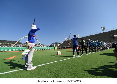 Rio De Janeiro, Brazil - August 05, 2016: Un Ju 	
KANG (PRK) During The Archery Rio Olympics 2016 Held At The Sambadrome In The Qualifying Round.