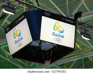 RIO DE JANEIRO, BRAZIL - AUGUST 8, 2016: Scoreboard At Carioca Arena 3 With Rio 2016 Olympic Games Logo