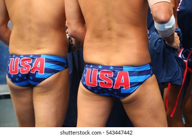 RIO DE JANEIRO, BRAZIL - AUGUST 10, 2016: Water Polo Team USA Before Rio 2016 Olympics Men's Preliminary Round Match Against Team France At The Maria Lenk Aquatic Center 