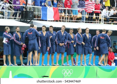 RIO DE JANEIRO, BRAZIL - AUGUST 10, 2016: Water Polo Team USA Before Rio 2016 Olympics Men's Preliminary Round Match Against Team France At The Maria Lenk Aquatic Center 