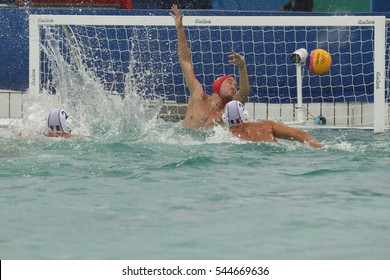 RIO DE JANEIRO, BRAZIL - AUGUST 10, 2016: Water Polo Team USA Scores In The Men's Water Polo Group Match Between The United States And France At The Maria Lenk Aquatic Center 