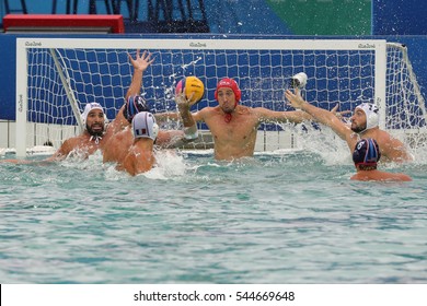 RIO DE JANEIRO, BRAZIL - AUGUST 10, 2016: Water Polo Team USA Scores In The Men's Water Polo Group Match Between The United States And France At The Maria Lenk Aquatic Center 