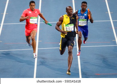 Rio de Janeiro, Brazil. August 18, 2016. ATHLETICS - Men's 4 x 100m Relay Final at the 2016 Summer Olympic Games in Rio De Janeiro. Usain Bolt (JAM) 