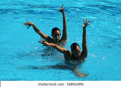 RIO DE JANEIRO, BRAZIL - AUGUST 14, 2016: Ona Carbonell And Gemma Mengual Of Spain Compete During Synchronized Swimming Duets Free Routine Preliminary Of The Rio 2016 Olympic Games 