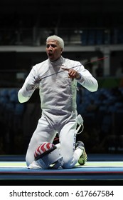 RIO DE JANEIRO, BRAZIL - AUGUST 12, 2016: Fencer Miles Chamley-Watson Of United States Competes In The Men's Team Foil Of The Rio 2016 Olympic Games At The Carioca Arena 3