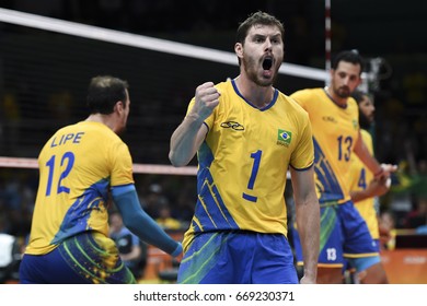 Rio De Janeiro, Brazil - August 17, 2016: Bruno Mossa REZENDE (C) (BRA) During Men Volleyball, Match Brazil And Argentina In The Rio 2016 Olympics