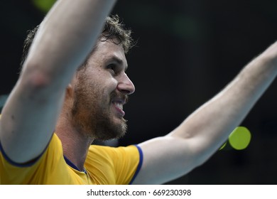 Rio De Janeiro, Brazil - August 17, 2016: Bruno Mossa REZENDE (C) (BRA) During Men Volleyball, Match Brazil And Argentina In The Rio 2016 Olympics