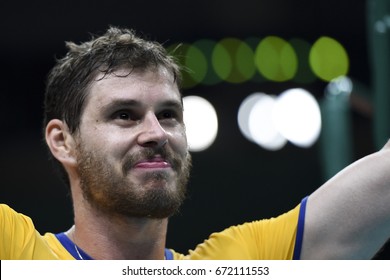 Rio De Janeiro, Brazil - August 17, 2016: Bruno Mossa REZENDE (C) (BRA) During Men's Volleyball, Match Brazil And Argentina In The Rio 2016 Olympics