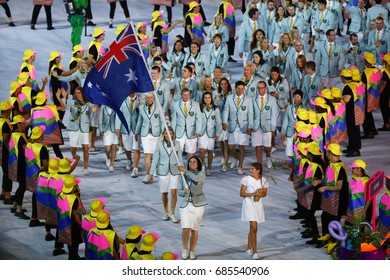 RIO DE JANEIRO, BRAZIL - AUGUST 5, 2016: Olympic Team Australia Marched Into The Rio 2016 Olympics Opening Ceremony At Maracana Stadium In Rio De Janeiro  