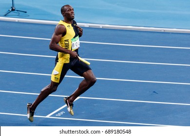 Rio de Janeiro, Brazil. August 18, 2016. ATHLETICS - Men's 4 x 100m Relay Final at the 2016 Summer Olympic Games in Rio De Janeiro. Usain Bolt (JAM)
