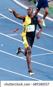 Rio de Janeiro, Brazil. August 18, 2016. ATHLETICS - Men's 4 x 100m Relay Final at the 2016 Summer Olympic Games in Rio De Janeiro. Usain Bolt (JAM)