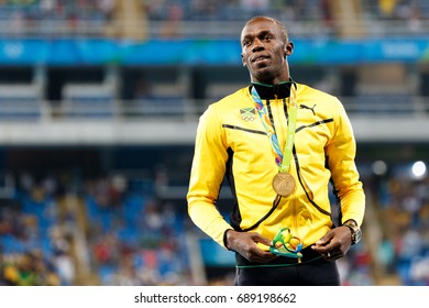 Rio de Janeiro, Brazil. August 18, 2016. ATHLETICS - MEDAL CEREMONY 200M MEN at the 2016 Summer Olympic Games in Rio De Janeiro.  USAIN BOLT (JAM)