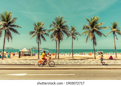 RIO DE JANEIRO, BRAZIL - CIRCA FEBRUARY 2016: Sunny day with Palm trees on Ipanema Beach in Rio De Janeiro in Brazil