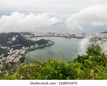 RIO DE JANEIRO, BRAZIL - CIRCA MARCH, 2017: Top view of the Rodrigo de Freitas Lagoon in the south part of the city. In the background, the beaches of Ipanema and Leblon.