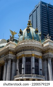 RIO DE JANEIRO - BRAZIL - DEC 15, 2018: Close View Of The Right Tower View Of Municipal Theater (Theatro Municipal) At Floriano Square And Evaristo Da Veiga Street Under Morning Sunny Clear Blue Sky.