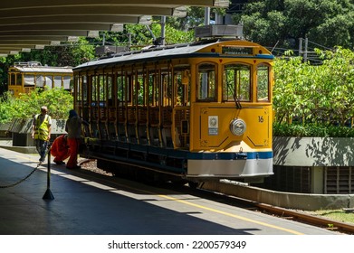 RIO DE JANEIRO - BRAZIL - DEC 15, 2018: An Yellow Santa Teresa Tram Being Checked Before Passengers Get Onboard And Depart Heading Largo Dos Guimaraes Stop.