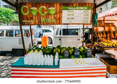 Rio De Janeiro, Brazil - Dec 15, 2017: Coconut Water For Sale In A Street Market In Rio De Janeiro, Brazil